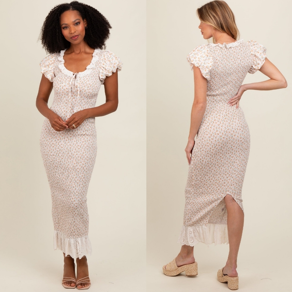 Floral Smocked Eyelet Lace Trim Maxi Dress Small Bodycon Cottagecore‎ Milkmaid